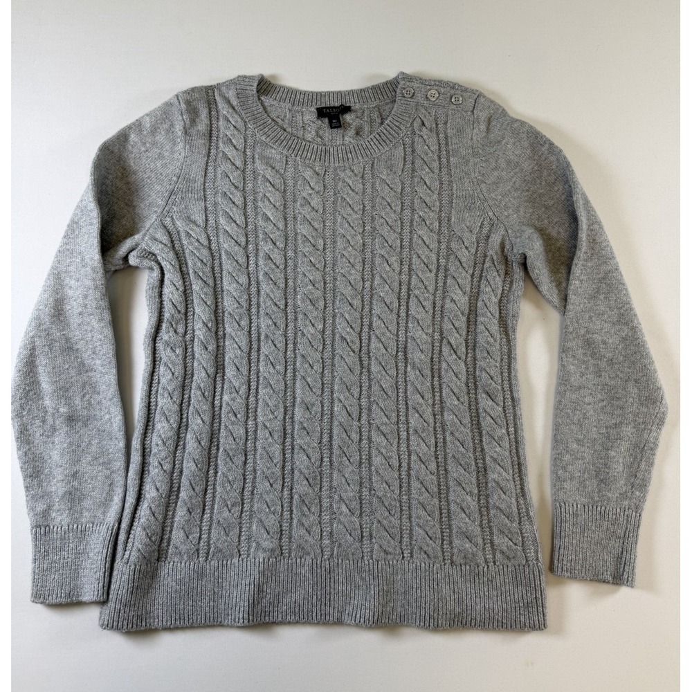 Talbots Women Cable Knit Sweater Sz MP Gray Pullover Long Sleeve Preppy Office